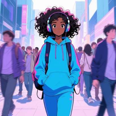 Unraised Genius student with headphones navigating a bright city of opportunity